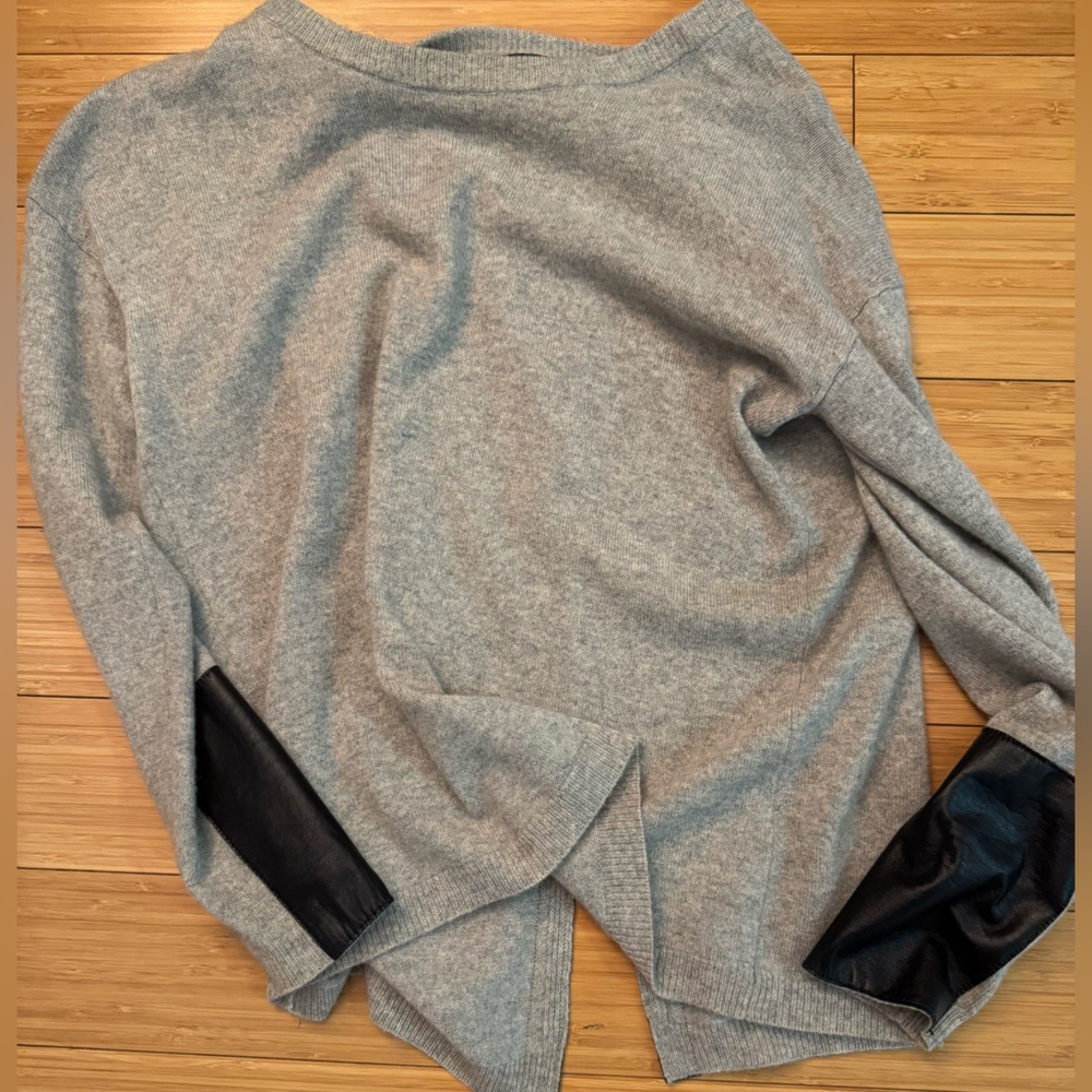 Generation Love grey sweater with black leather on the sleeves and back